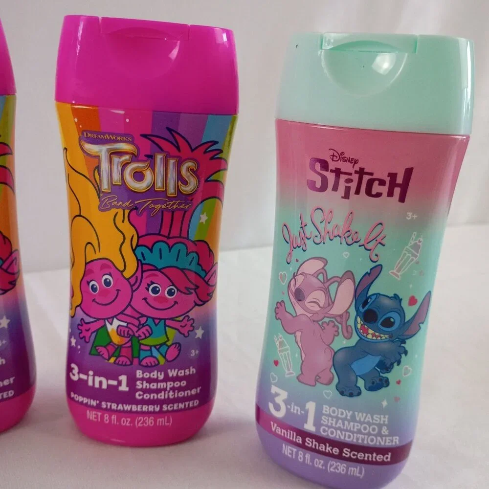 Disney Stitch & Trolls 4pc Bath Set Body Wash Shampoo 8oz Each New Sealed